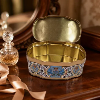 Custom Shape Food Grade Tinplate Packaging Cookies Cosmetic Perfume Tin Storage Box with Hinged Lid