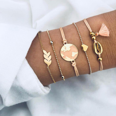 Women's Wholesale Fashion Crystal Leaves Geometric Chain Gold Bracelet Set Bohemian Kiss Wife Vintage Jewelry Charm Bracelet