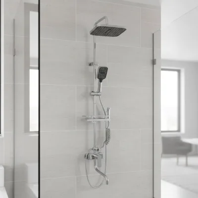 XC CHROME Brass Modern Style Piano Key Square Rain Thermostatic Showerhead Slide Bar Single Handle Ceramic Cartridge Bathroom