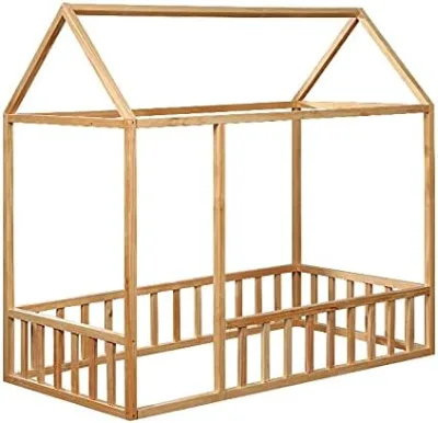 Handmade Solid Wood Toddler Montessori Bed with Rails and Slats Low Platform for Kids Customized Color