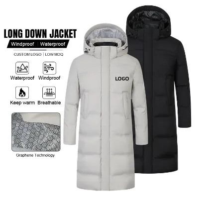 High Quality Custom Logo Winter Outdoors Long Puffer Jacket Thick Warm White Duck Down Coat with Hood & Zip Detail for Couples