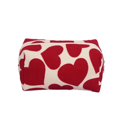 Personalized Toiletries Clutch Pouch for Bridesmaids Gift Ladies Touch-up Bag Red Heart Print Corduroy Bride Cosmetic Makeup Bag