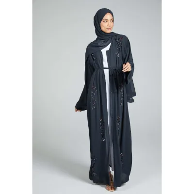 Dark Shadow Blossom Embellished Open Abaya Chiffon Dresses with Alluring Floral Motif