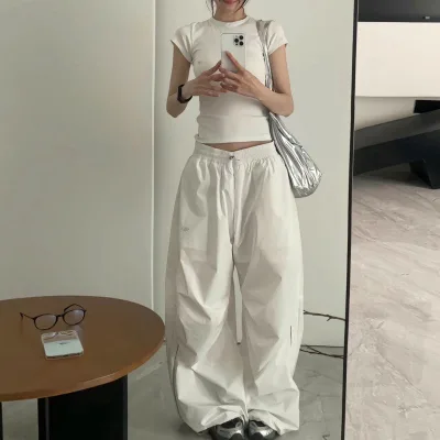 Women's Vintage Hip Hop Style Straight Wide Leg Pants High Waist Casual Elastic Waist with Flat Front Made of Polyester