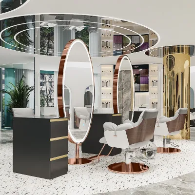 Net Red Mirror Barber Shop Mirror Table Floor Double-sided Ironing Mirror Hair Salon Haircut With LED Light