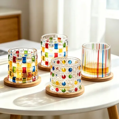 270ml Colorful Hand-Painted Rotating Whiskey Glass with Wooden Base Lead-Free Thickened Tumbler for Bar Home Party Stress Relief