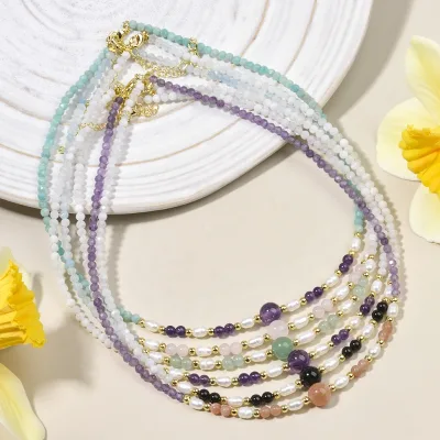 Multi-Color Natural Stone Amethyst,Sunstone and Freshwater Pearl Beads Necklace Mixed Gemstone Jewelry for Women Daily Wear