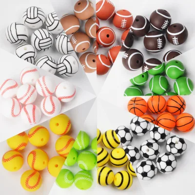 Wholesale Food Grade BPA Free Silicone Printing 15mm Round Beads Sports Baseball Basketball Volleyball Tennis for DIY Keychain