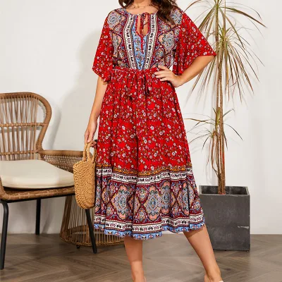 Plus Size Summer Bohemian Maxi Dress Casual Crew Neck Breathable Floral Border Printed Chiffon for Vacation Party