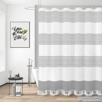 Linen Texture Shower Curtains for Bathroom Mildew-proof Stripe Bathroom Shower Curtain Oeko Tex Shower Curtains with Tassel