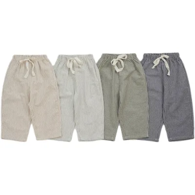 Children's Casual Pants Matching Thin Trousers for Boys and Girls Vertical Stripes Pure Cotton Children's Long Pants