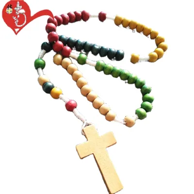 Catholic Colorful Wooden Bead Christian Italian Religious Chain Rosary With Cross