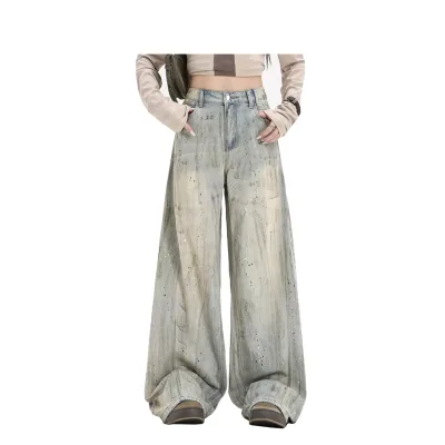Washing-style High-waisted Loose-fitting Denim Pants