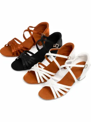 Custom Girls Women Satin Latin Dance Shoes Block Heel Open Toe Salsa Tango Dance Sandals Professional Ballroom Dance Kids Shoes