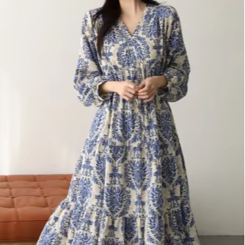 Vintage Floral Print Maxi Dress Women Long Sleeve V Neck Loose Fit Bohemian Party Dress Spring Autumn Casual Midi Skirt