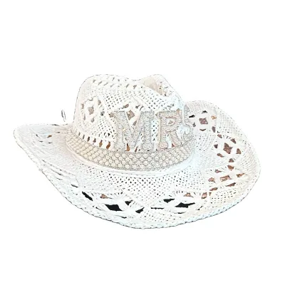 Hot Selling Spring and Summer Hollow BRIDE White Cowboy Hat Hand-woven Straw Hat Bride to Be Party Jazz Hat Supplies