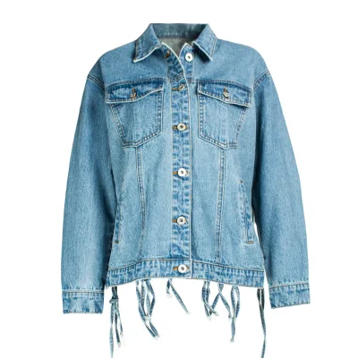 European and American Women's Loose BF Style Tassel Denim Jacket Top Back Hollow Crop Top Baseball Suit
