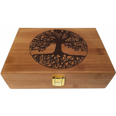 Pine Wood Storage Box Engraved Tree Design Wood Box With Hinged Lid Home Decorative Wood Stash Box