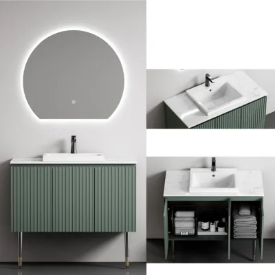 Modern Sage Green Fluted Backlit Mirror Freestanding Bathroom Vanity Set with Ceramic Basin and 3-Door Storage Cabinet