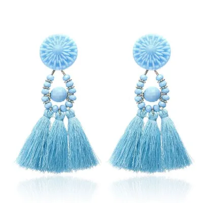 Boho Fashion Ethnic Braided European Tassel Dangle Earrings Bohemian Handmade Long Resin Bead Tassel Earring for Women Jewelry