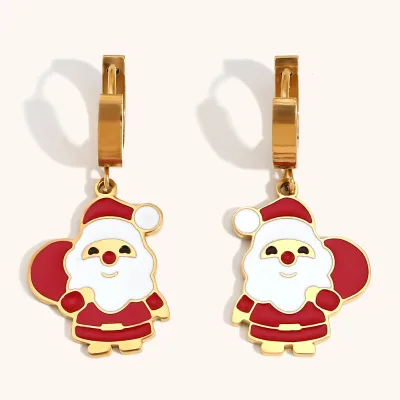 Cute Cartoon Personality Popular Santa Claus Earrings Stainless Steel 18K Gold Plated Enamel Christmas Earrings