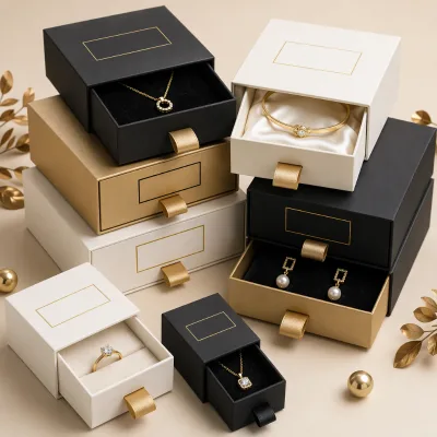 Square Mixed Size Boutique Jewelry Drawer Box Set with Black White Gold Surface and Satin Trays Retail Ready