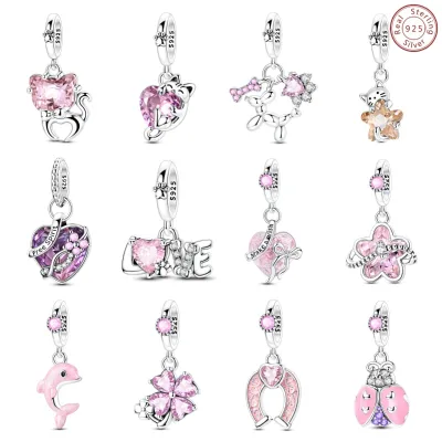 925 Sterling Silver Pink Charms Lucky Cat Claw Heart Pendant Zircon Romantic DIY Charm for Original Bracelet Fine Jewelry GIFT
