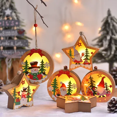 2025 Fashion Christmas Ornaments Led Light Snowflake Stars Hanging Wooden Christmas Tree Lights