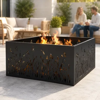 Decorative Laser Cut Square Steel Outdoor Fire Pit Ring with Meadow Wildflower Pattern for Patio Backyard Fire Pit