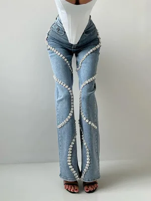 Fashionable Stylish Women's High Waist Jeans 2026 Autumn New Arrival Trendy Circular Rhinestone-Designed Straight-Leg Trousers