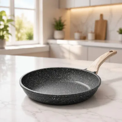 Factory Wholesale Nordic Customize Marble Frying Pan Nonstick Aluminum Induction Pans for Cooking with Soft Silicone Handles