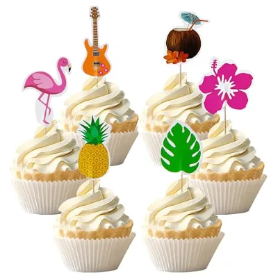 24Pcs Reusable Tropical Wedding Cake Toppers Pineapple Flamingo Palm Leaf & Flower Designs for Parties Bars Beaches & Gardens