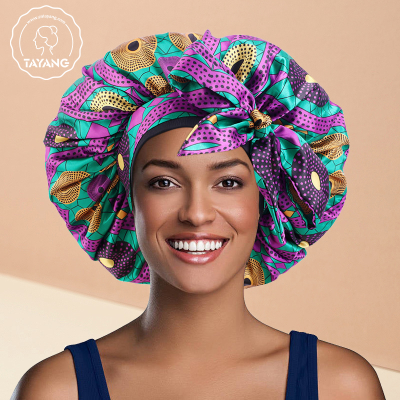 Wholesale One-sided Satin African Print Narrow-sided Milk Silk Long Tie Round Nightcap Bonnet