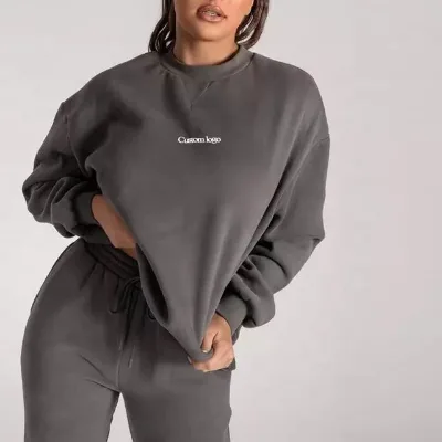 wholesale crew neck hooded sweatshirt sweatpants set custom high quality oem winter cotton long sleeve crewneck women sweatshirt
