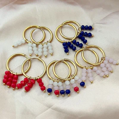 Wholesale Stainless Steel Multi Color Bead Earring 18k Gold Plated Red White Blue Hoop Earrings for Women