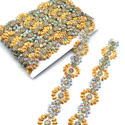 2024 New Arrival Rhinestone Roll Bulk Yellow Flower Crystal Rhinestone Trimming for Europe Nottinghill Carnival Events