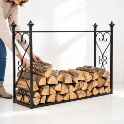 Ornate Black Wrought Iron Firewood Storage Rack with Heart Scroll Design and Diamond Finials Firewood Storage