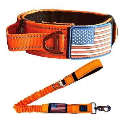 Heavy Duty Thick Reflective Nylon Bungee Seat Belt Leash Dog Collar for Large Dog with Control Handle and Metal Buckle
