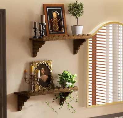 Best Selling Rustic Easy to Install 17 Inch Floating Shelf Scalloped Wood Wall Shelf with Wood Brackets for Living Room, Bedroom