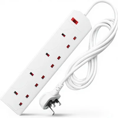 EP White Electric Extension Lead 4 Gang 2m Cable PVC Material 13A UK Plug Wall Mountable Multi-Socket Strip for Home