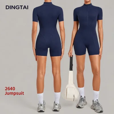 Dingtai Short Sleeve Zipper Yoga Romper for Women Brushed One Piece Butt Lifting Solid Color Fitness Wear GCC Certified