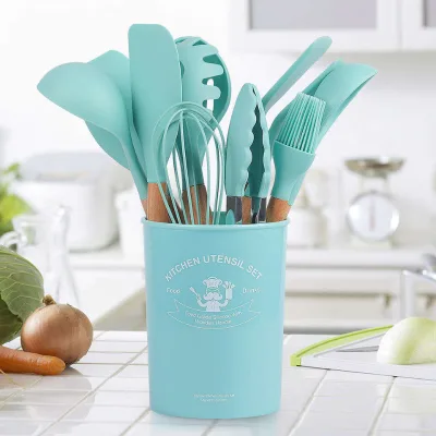 12Pcs Food Grade Silicone Kitchen Utensil Set Heat Resistant Wooden Handle Non-Stick Cooking Spoon Turner Whisk Tongs Storage