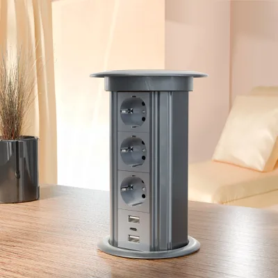 EU Standard High Quality Aluminum Pop-Up Lifting Office Socket USB A+C Wireless Charging Support IP44 Level 15A 4 for UK US Plug