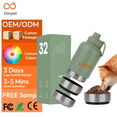 Elecpet OEM Custom Design 3In 1 Style Outdoor Dog Water Bottle & Travel Pet Feeder Bowl Set 1000ml Stainless Steel With 2 Bowls