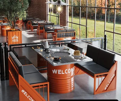 Stainless Steel Hot Pot Table, Commercial Barbecue Restaurant, Industrial Style Oil Drum Table and Chair Set, Restaurant Table