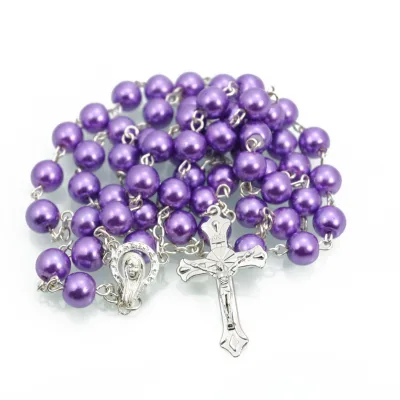 Purple Faux Pearl Beaded Necklace Silver Cross Pendant Fashion Rosary Jewelry for Women Religious Daily Wear