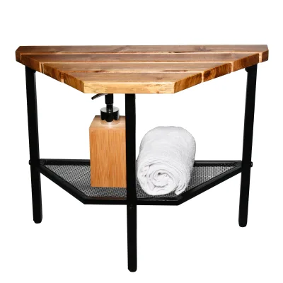 Black Corner Shower Bench with Teak Wood and Metal Storage Shelf Natural Bamboo Design for Bathroom Furniture
