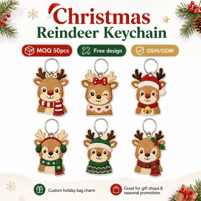 Custom Christmas Reindeer Keychain with Free Design Personalized Embroidered Bag Charms OEM ODM Bulk