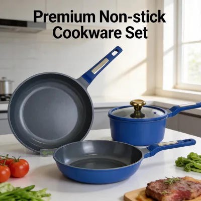 Luxury Modern Royal Blue Die Cast Aluminum Cookware Set 6pcs Non-stick Pots Pans Glass Covers Bakelite Handles Induction Ready