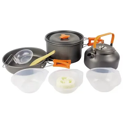 Classic 4-Person Camping Cookware Kit Outdoor Aluminum Cooking Set Water Kettle Pan Pot Picnic BBQ Equipment